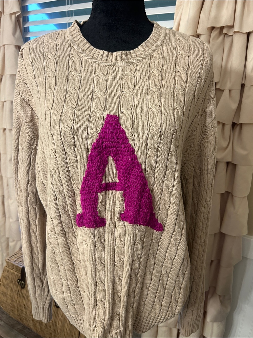 Club Room Beige Cable-Knit Sweater with Fuchsia 'A' Chenille